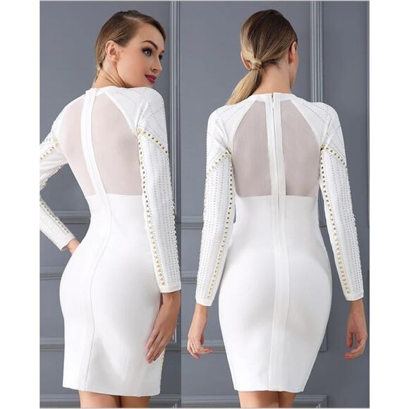 Chic Beading Bandage Long Sleeve Bodycon Party Mini Dress Size Large - Picture 12 of 12